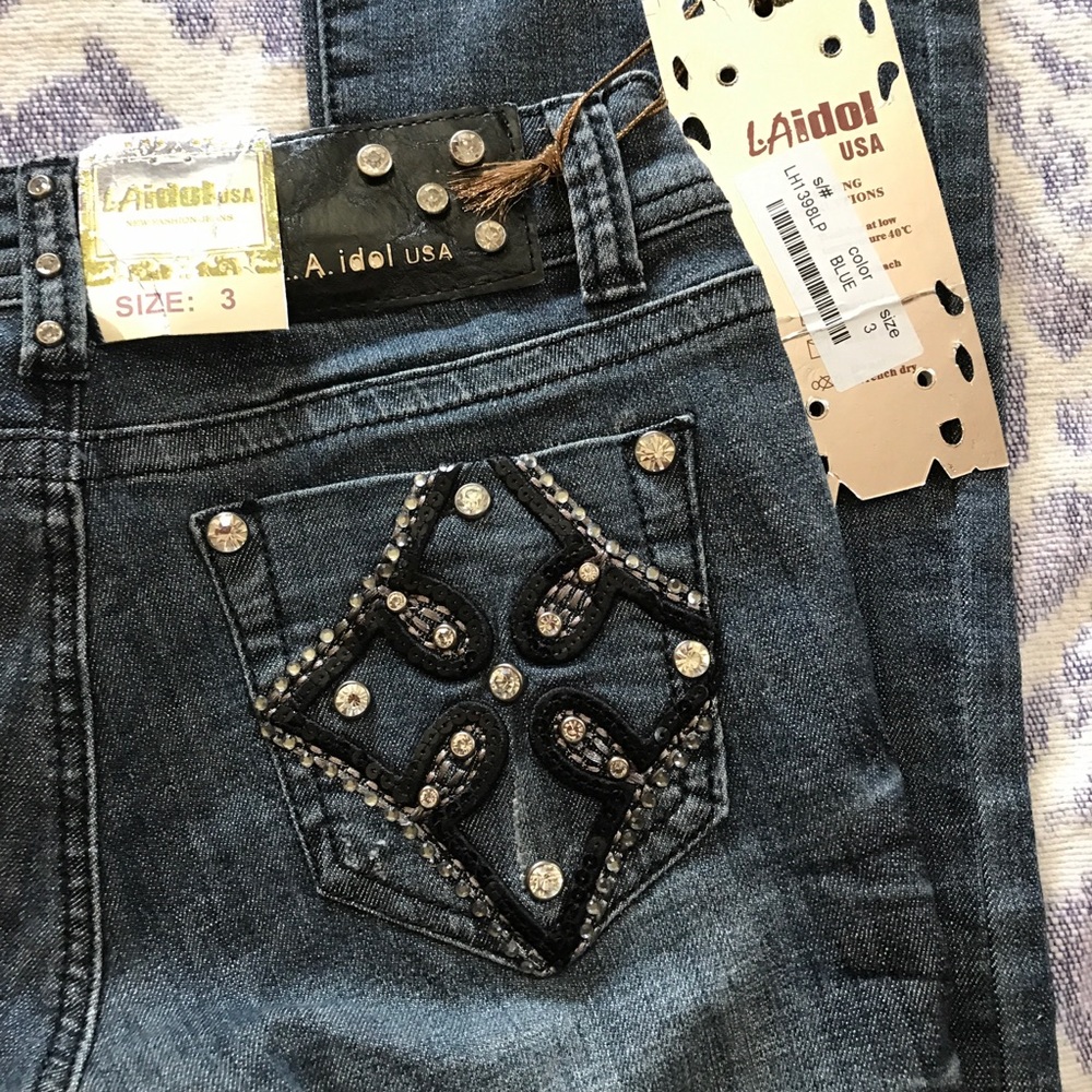 L A IDOL DENIM JEANS WITH SEQUINS & RHINESTONES